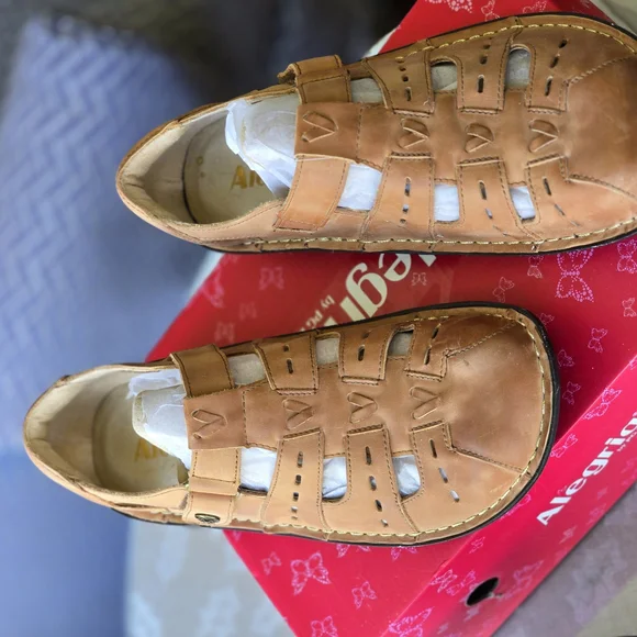 Alegria Tan Leather Cut-Out Sandals - Picture 2 of 6